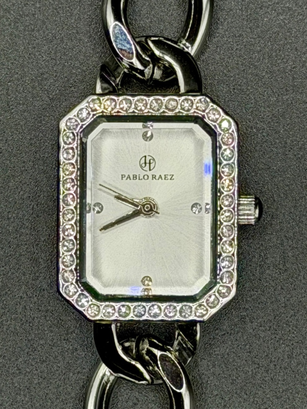 Pablo Raez Silver Chain Link Watch Crystal Bezel Stainless Steel Womens